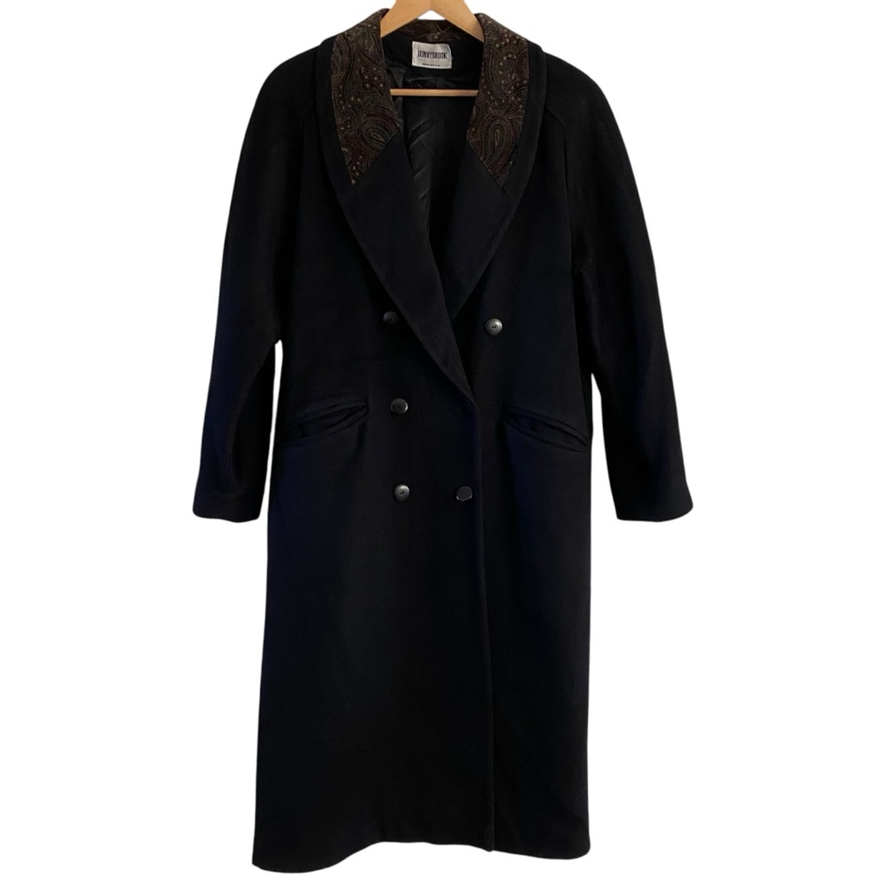 Long Wool Coat Double Breasted Black Trench Coat Brown Paisley Collar Vintage